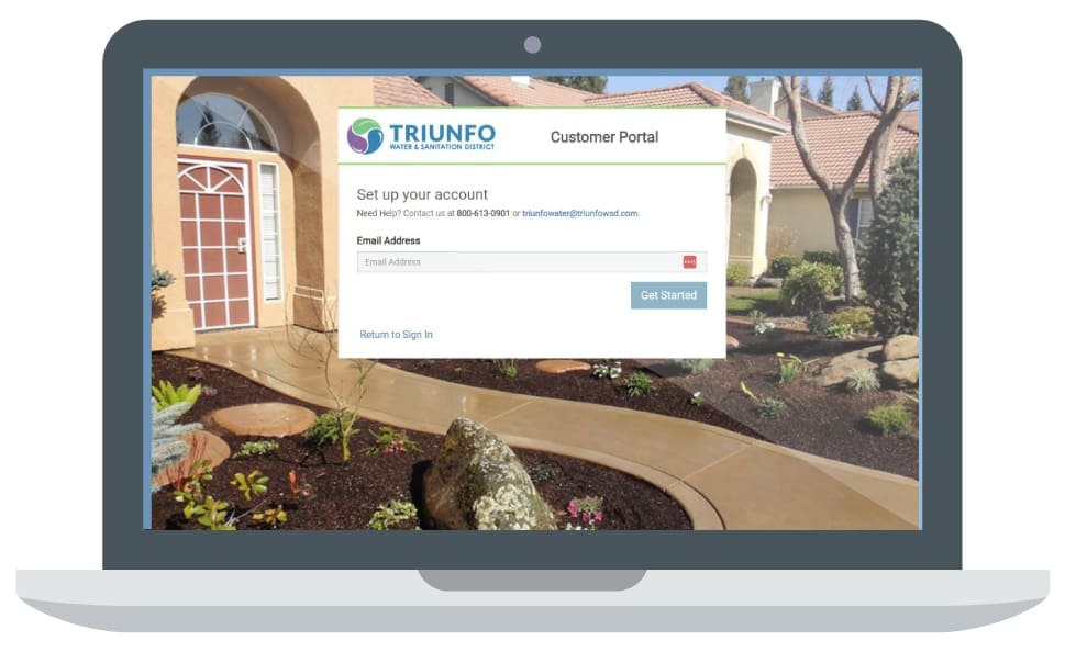 CLIENTPORTAL Set up Triunfo Water & Sanitation District customer portal login page on a laptop screen.