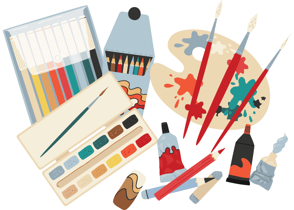 A colorful collection of art supplies including paintbrushes, watercolor palette, and colored pencil.