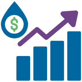 Water utility growth chart with upward trend and dollar sign icon.